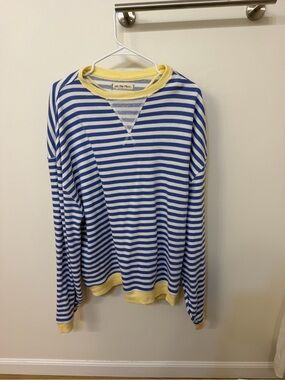 Free People Blue & White Striped Crewneck Sweater with Yellow Trim